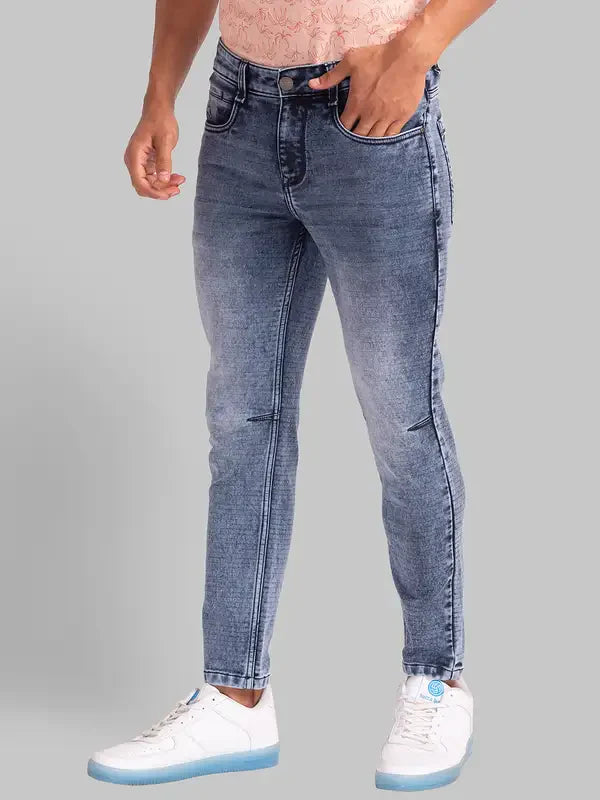 Men Blue Skinny Cropped Fit Dobby Cotton Blend Jeans