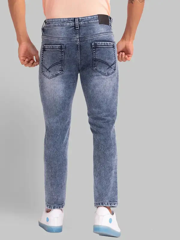 Men Blue Skinny Cropped Fit Dobby Cotton Blend Jeans