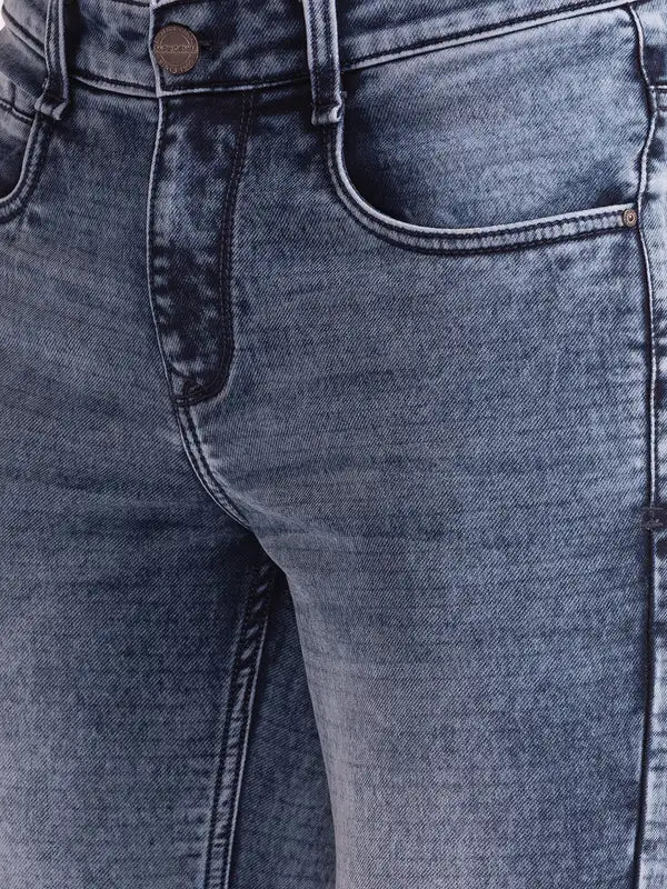Men Blue Skinny Cropped Fit Dobby Cotton Blend Jeans