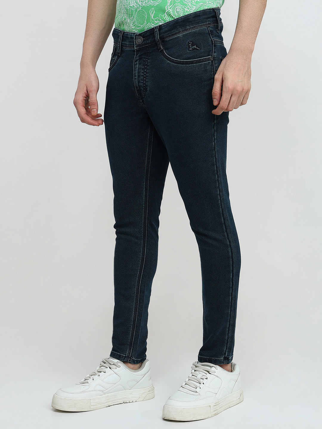 Parx Men Blue Knitted Low Rise Skinny Cropped Cotton Blend Jeans