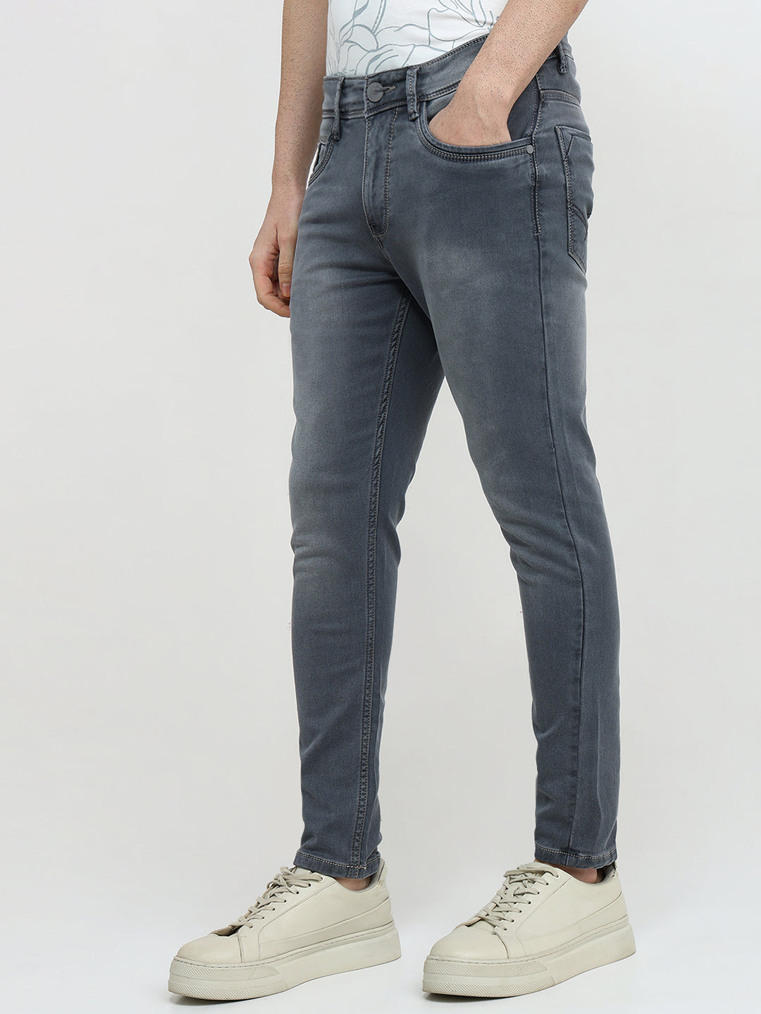 Parx Men Grey Knitted Slim Tapered Fit Cotton Blend Jeans