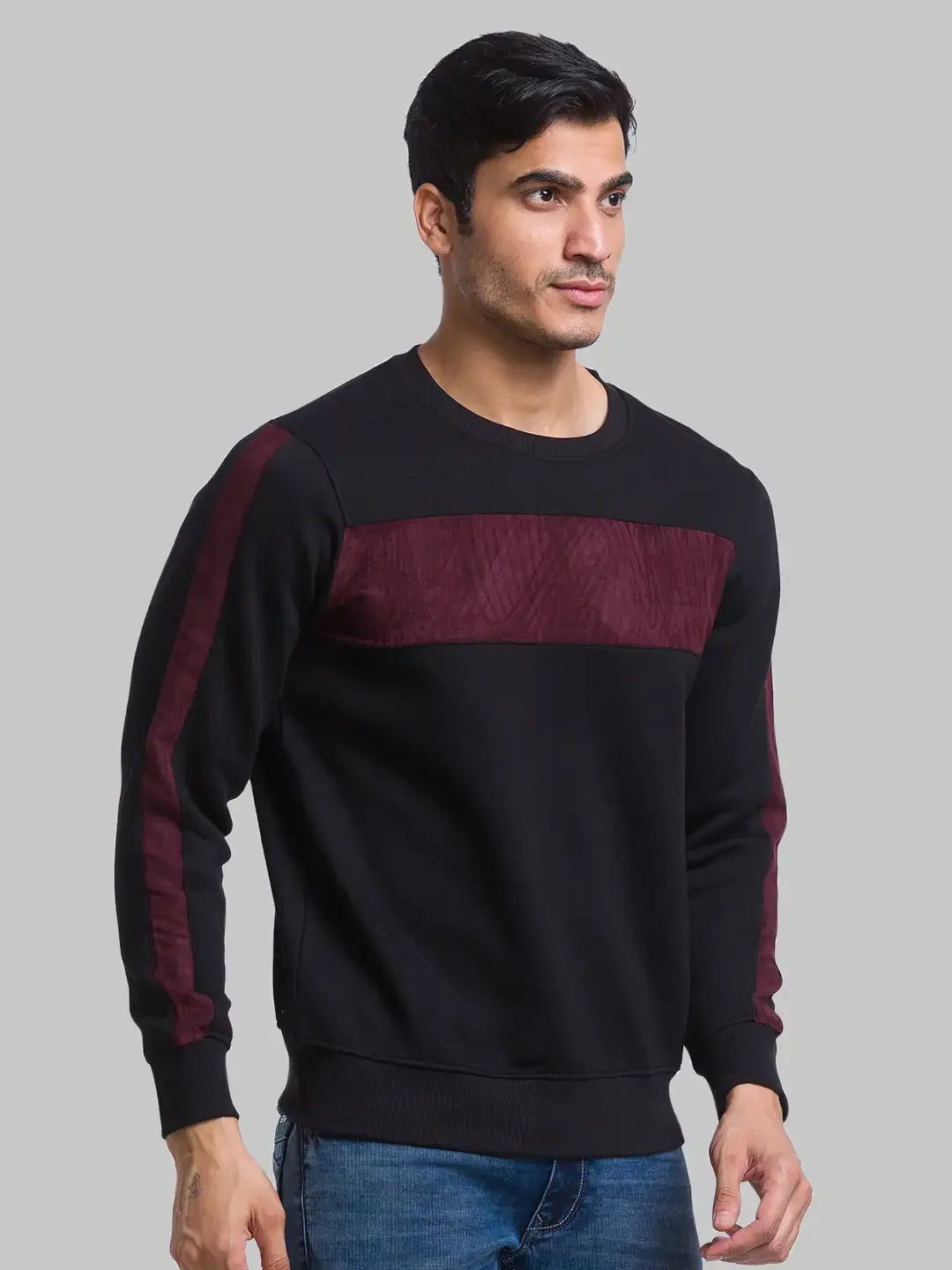 Men Black Regular Fit Cut & Sew Cotton Polyester Blend Round Collar Sweatshirts