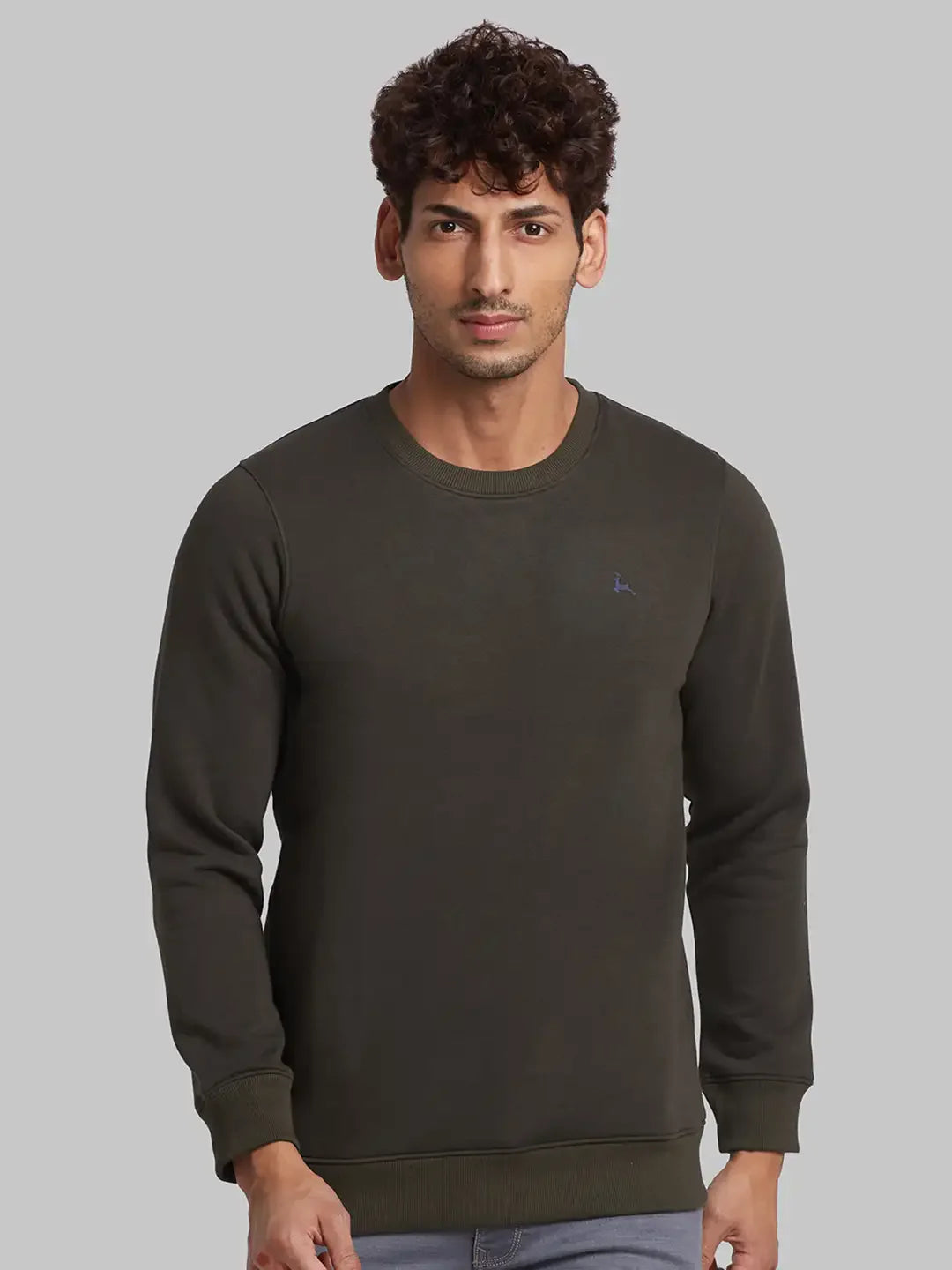Men Green Regular Fit Solid Cotton Blend Sweatshirts