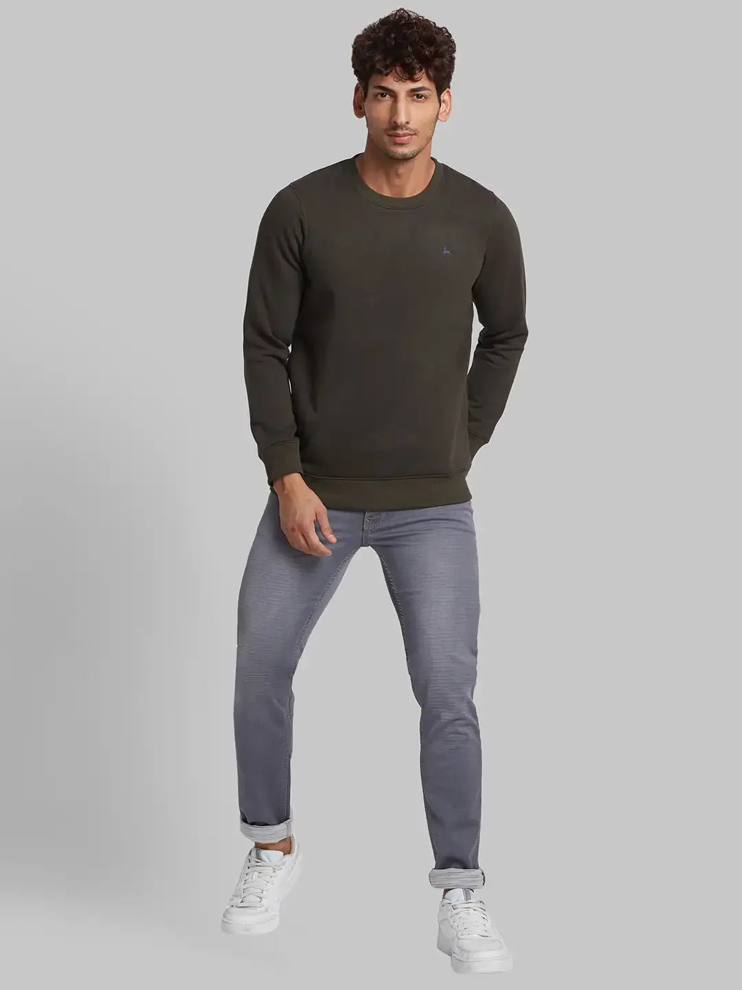 Men Green Regular Fit Solid Cotton Blend Sweatshirts