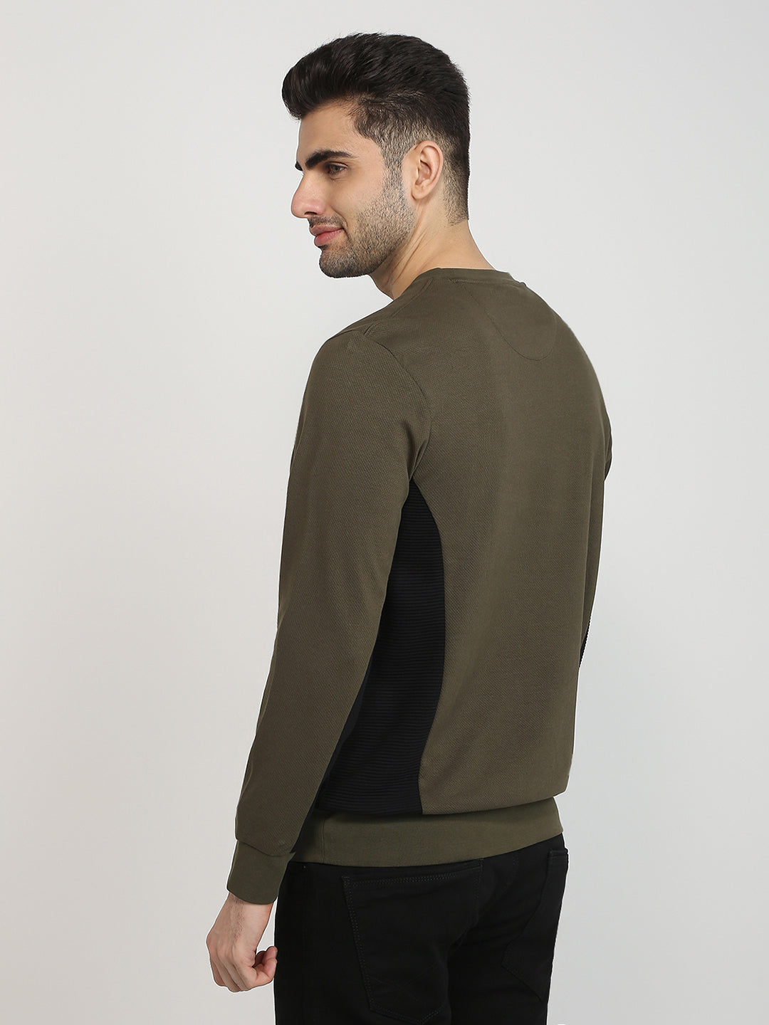 Parx Men Green Structure Regular Fit Cotton Blend Full Sleeve Round Neck Collar Sweatshirt