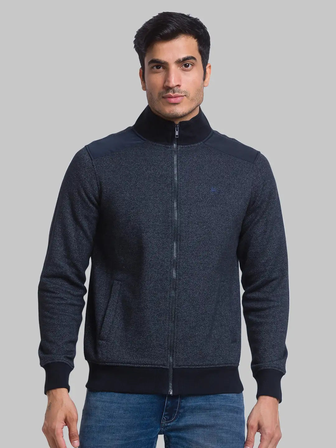 Men Blue Regular Fit Solid Cotton Polyester Blend Sweatshirts