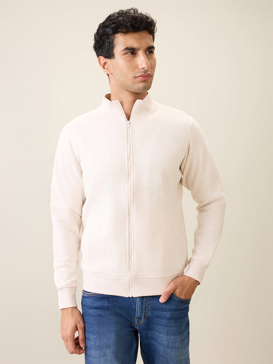 Parx Men White Solid Regular Fit Cotton Blend Full Sleeve High Neck Collar Sweatshirt