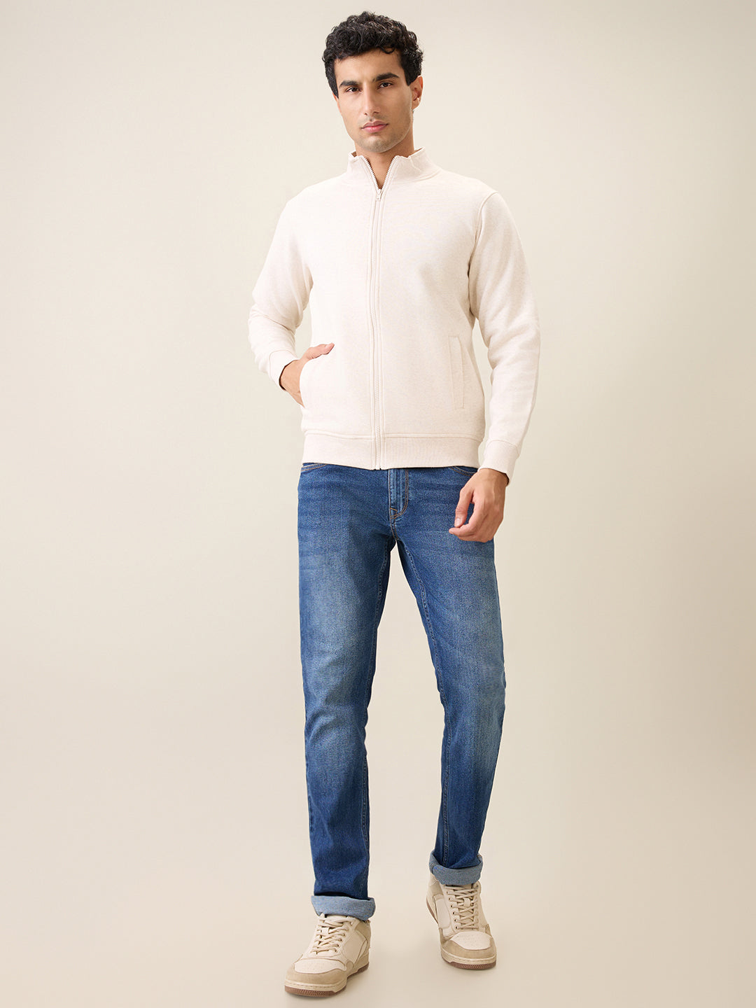 Parx Men White Solid Regular Fit Cotton Blend Full Sleeve High Neck Collar Sweatshirt