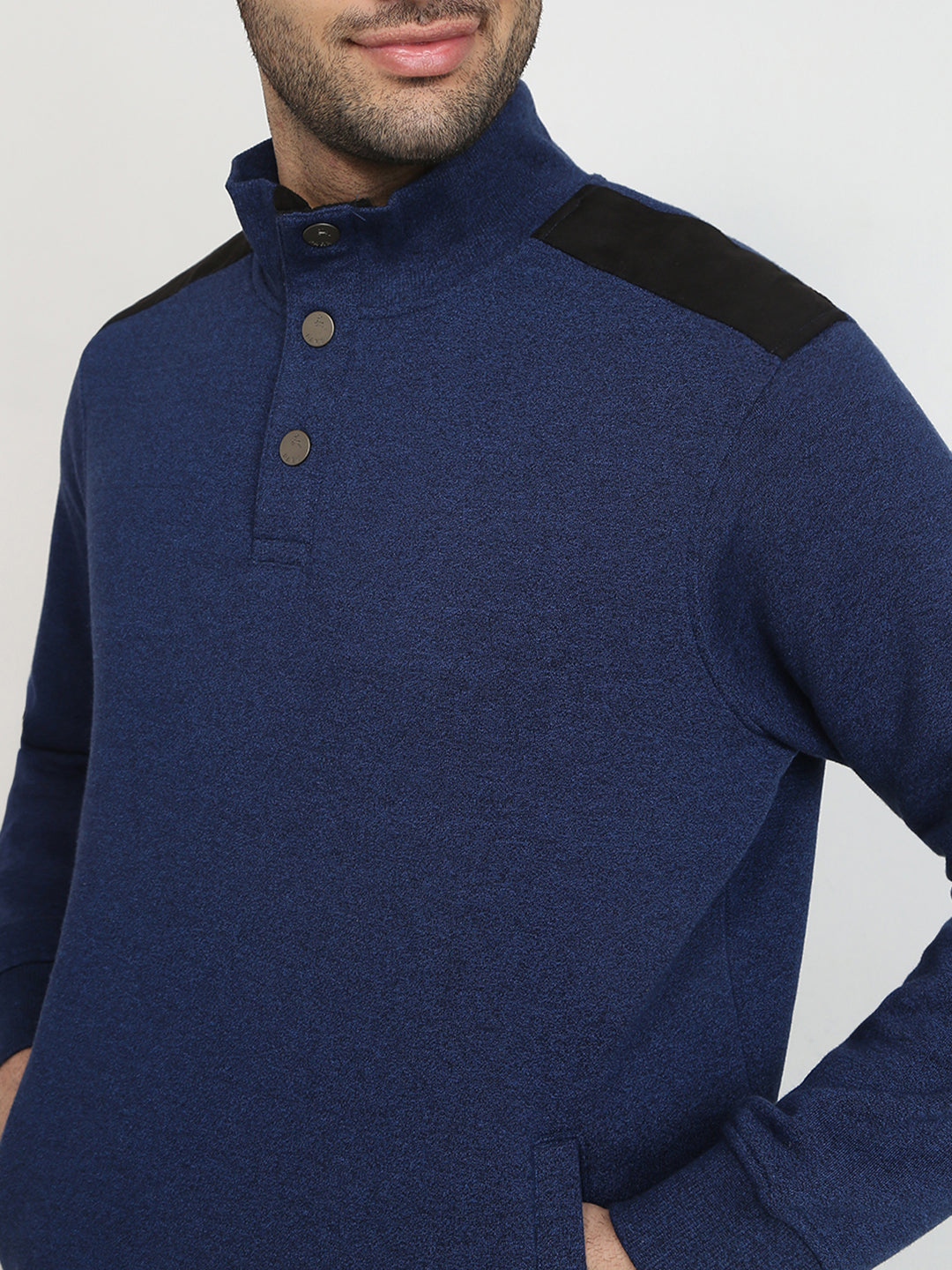 Parx Men Blue Solid Regular Fit Cotton Blend Full Sleeve High Neck Collar Sweatshirt