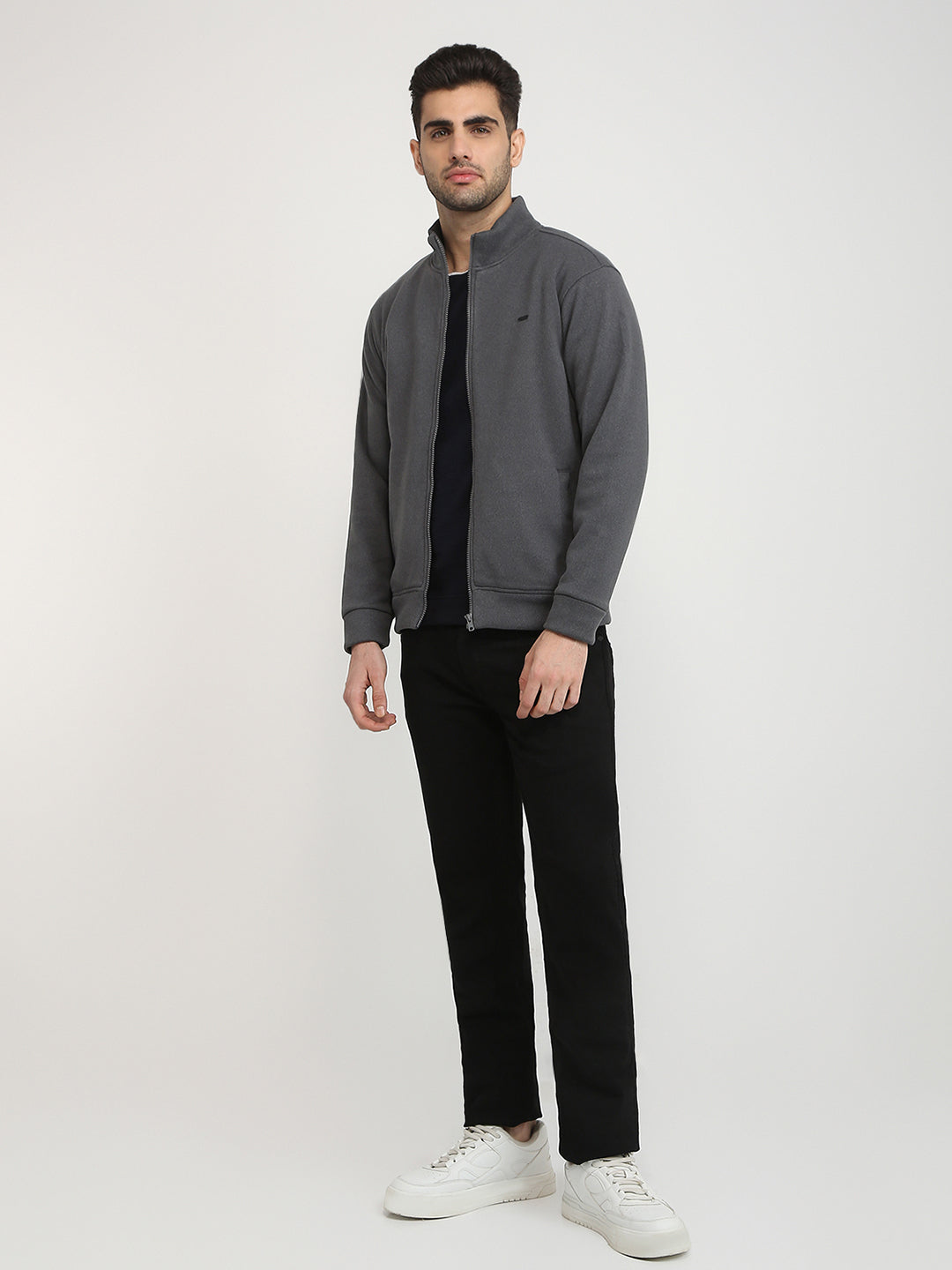 Parx Men Grey Solid Regular Fit Polyester Blend Full Sleeve High Neck Collar Sweatshirt