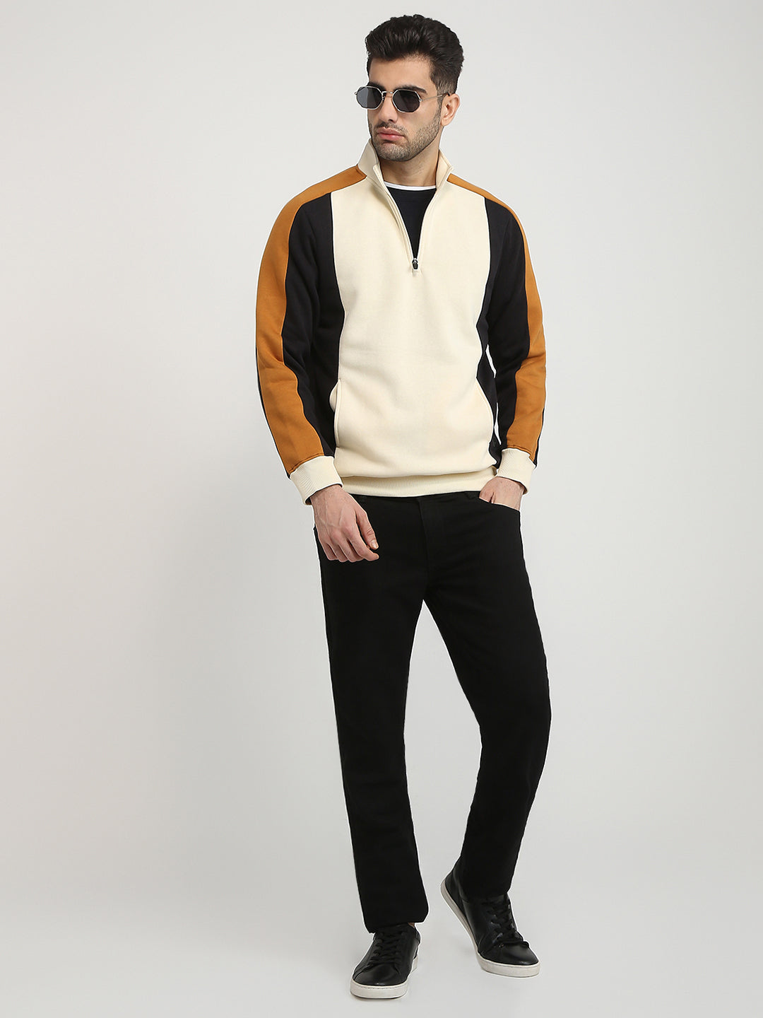 Parx Men Yellow Cut & Sew Regular Fit Cotton Blend Full Sleeve High Neck Collar Sweatshirt