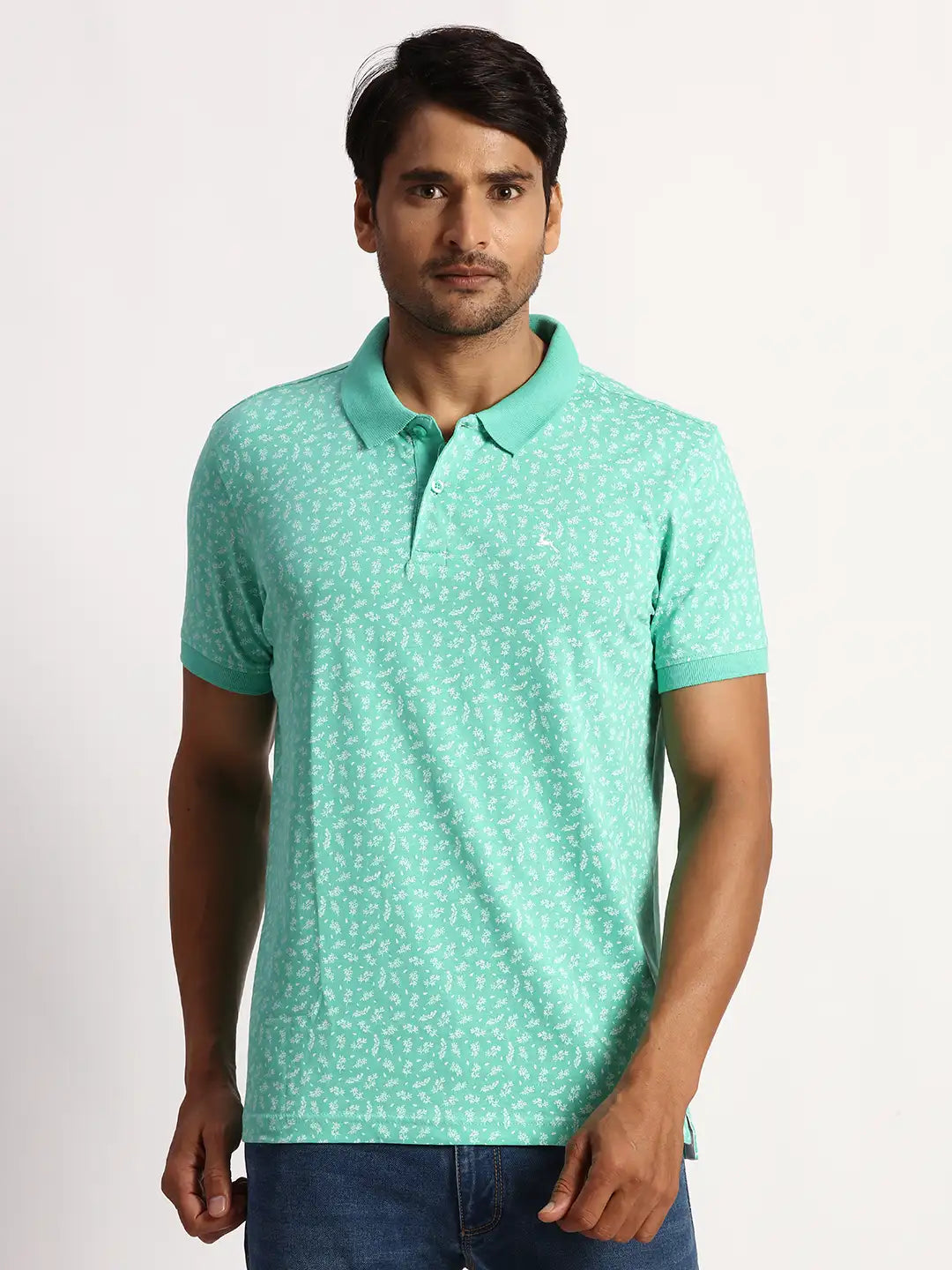 Men Green Regular Fit Print Cotton Round Neck Collar Polo T-Shirt