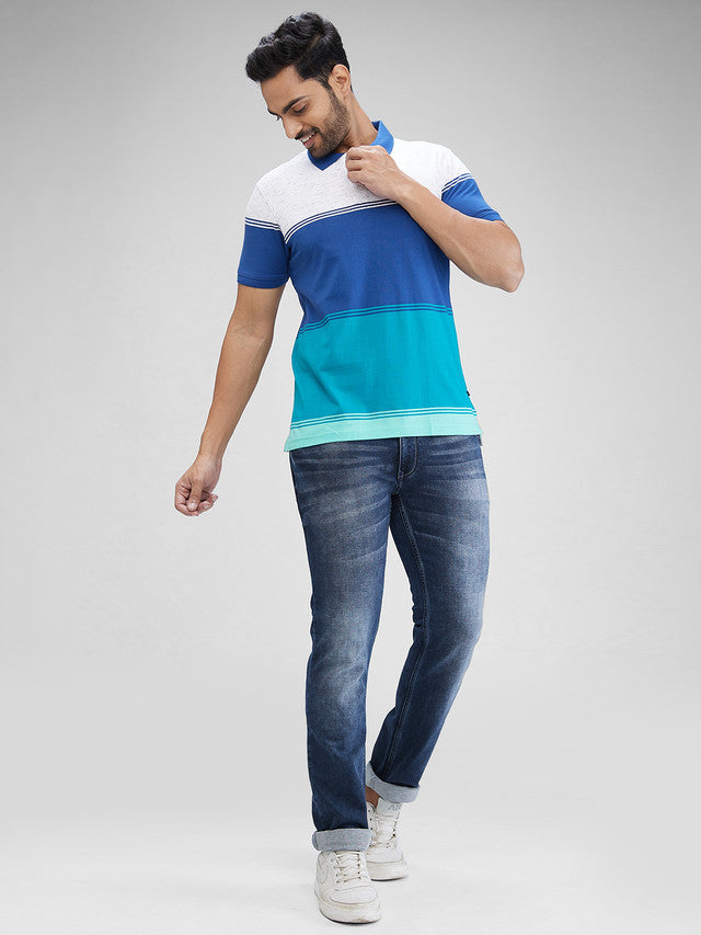 Parx Blue Yarn Dyed Regular Fit Cotton Blend T-Shirt