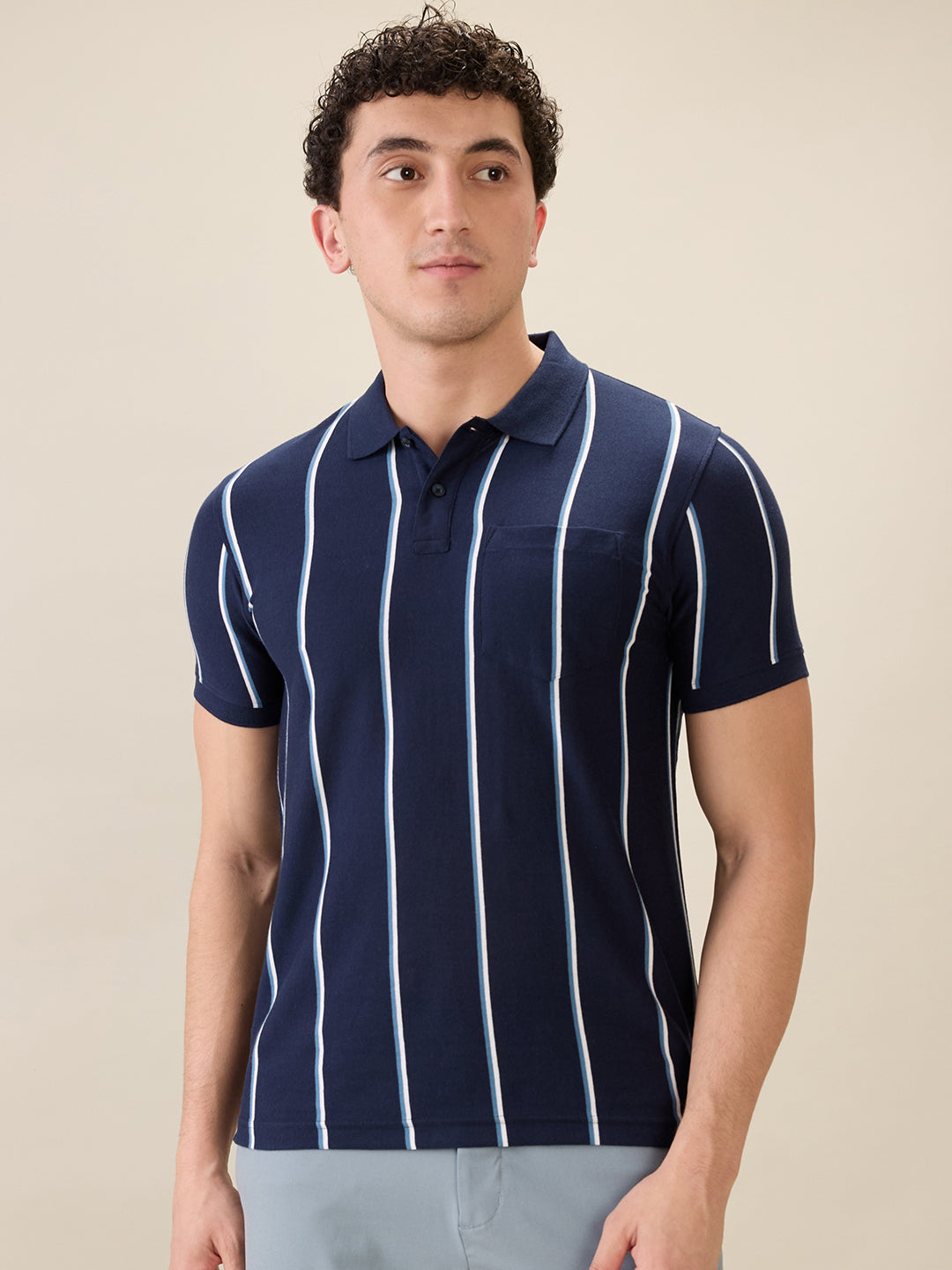 Parx Men Blue Yarn Dyed Regular Fit Cotton Blend Half Sleeve T-Shirt