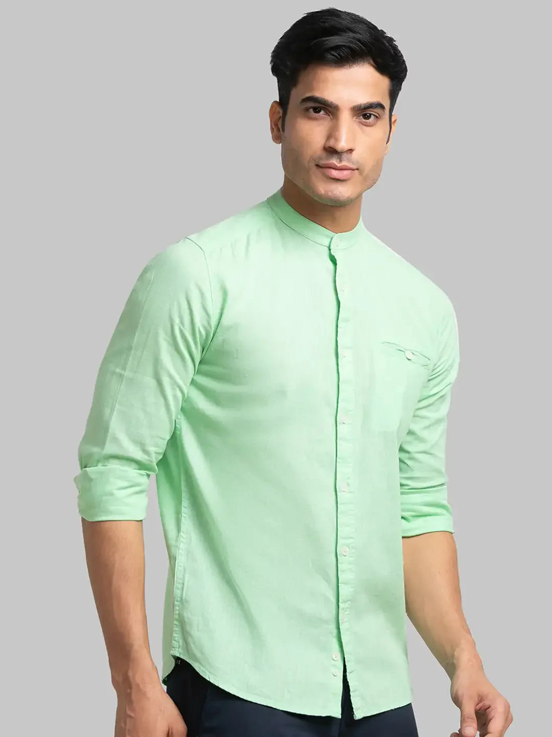 Men Green Slim Fit Solid Linen Blend Full Sleeve Shirts