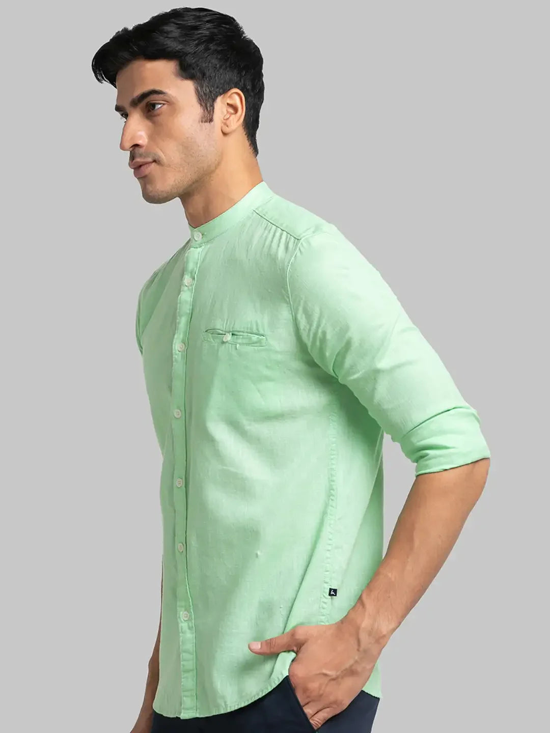 Men Green Slim Fit Solid Linen Blend Full Sleeve Shirts