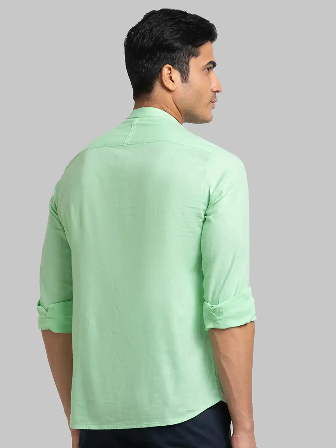 Men Green Slim Fit Solid Linen Blend Full Sleeve Shirts