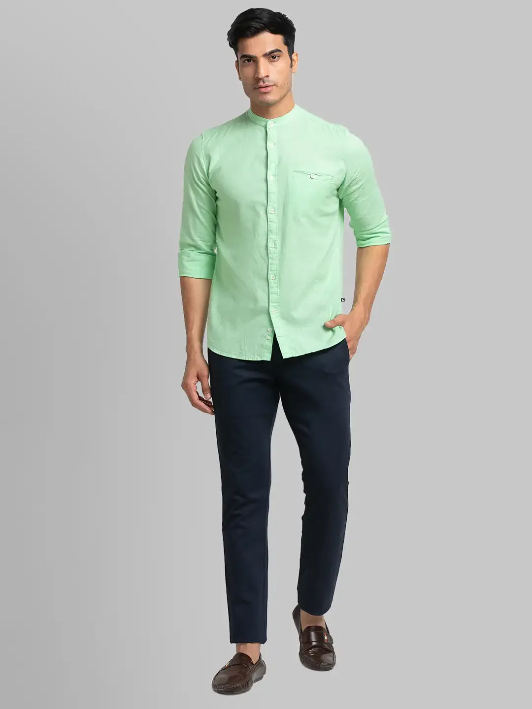 Men Green Slim Fit Solid Linen Blend Full Sleeve Shirts