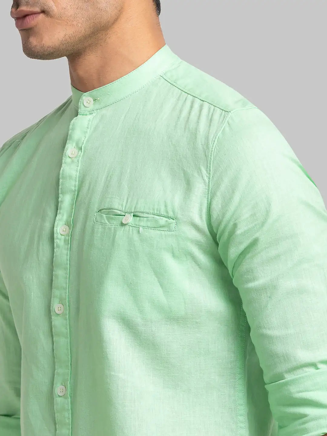Men Green Slim Fit Solid Linen Blend Full Sleeve Shirts