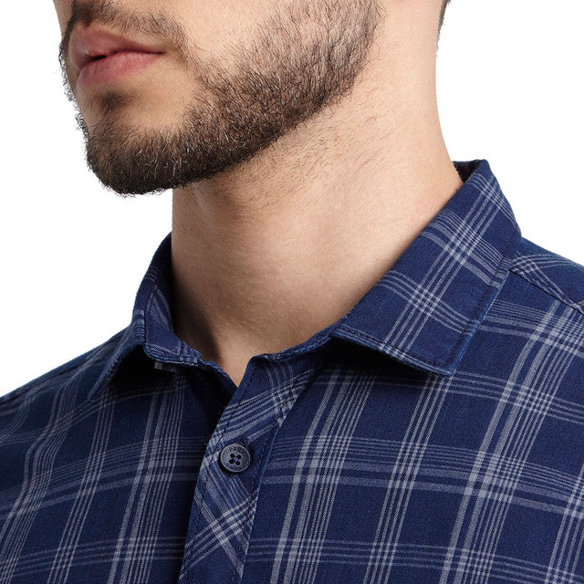 Parx Men Blue Checks Slim Fit Cotton Shirt