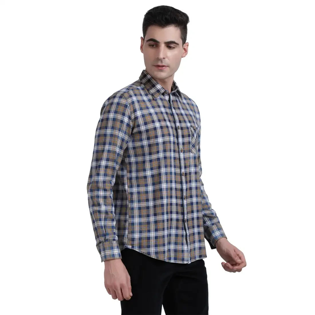 Men Brown Slim Fit Checks Cotton Full Sleeve Shirts
