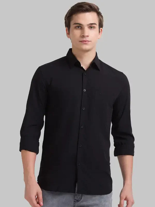 Men Black Slim Fit Solid Polyester Blend Full Sleeve Shirts