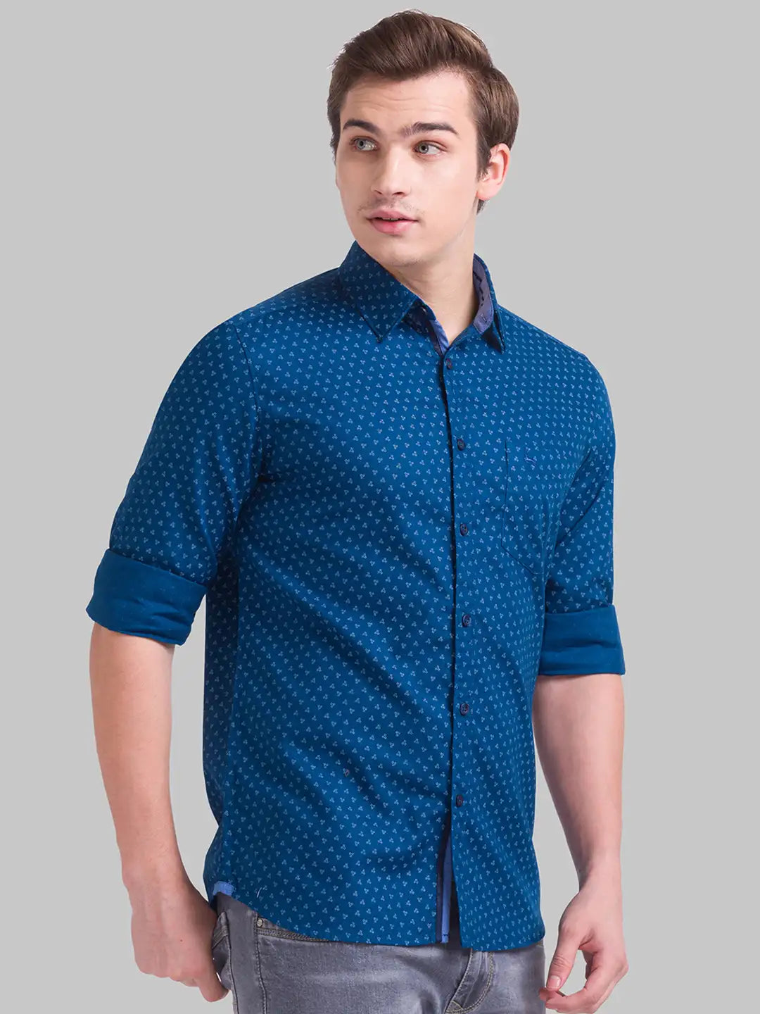 Men Blue Slim Fit Print Cotton Full Sleeve Shirts