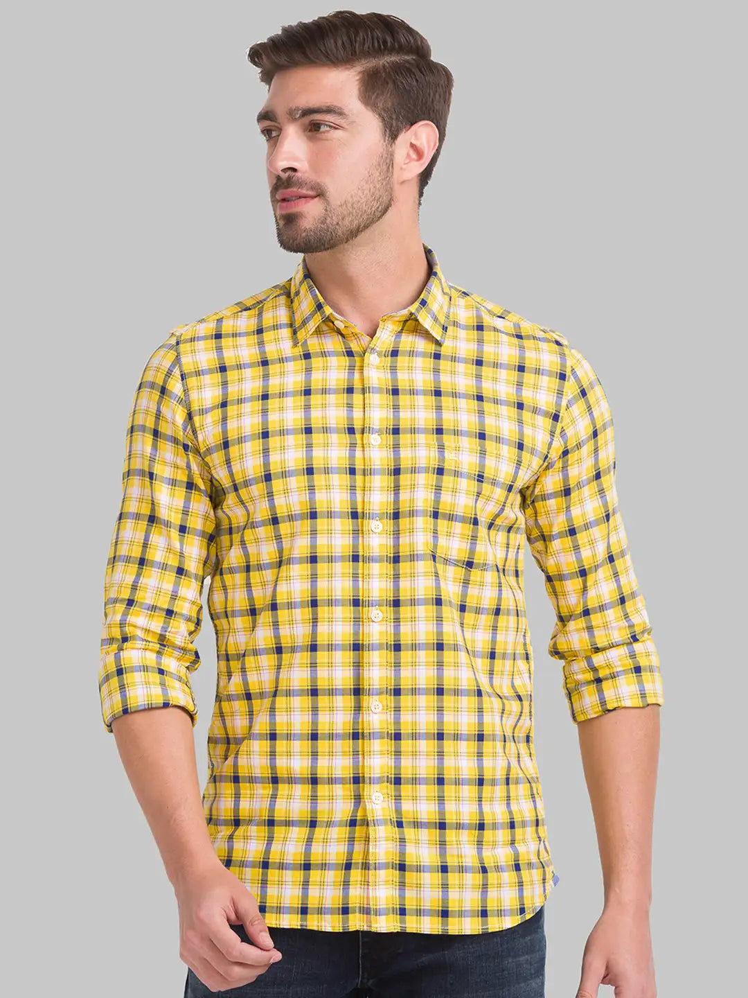 Men Yellow Slim Fit Checks Cotton Full Sleeve Shirts
