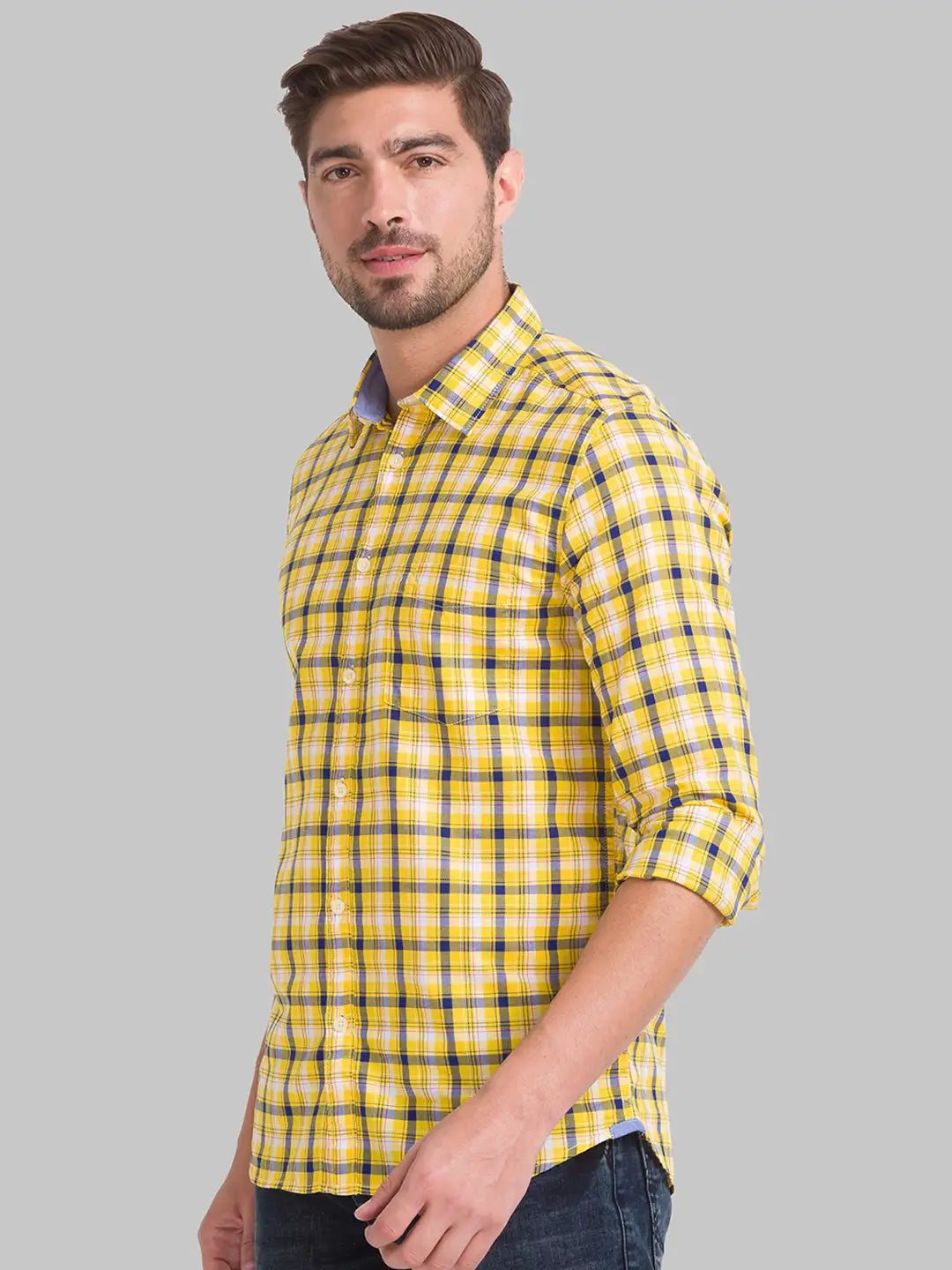 Men Yellow Slim Fit Checks Cotton Full Sleeve Shirts