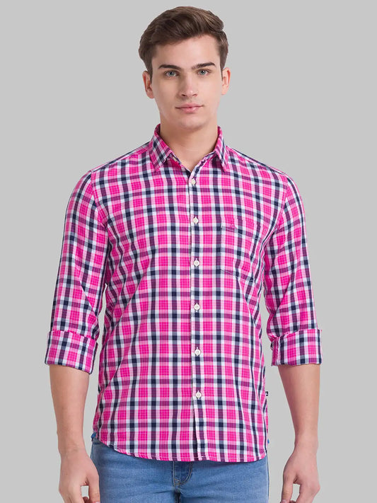 Parx Men Pink Checks Slim Fit Cotton Casual Shirt