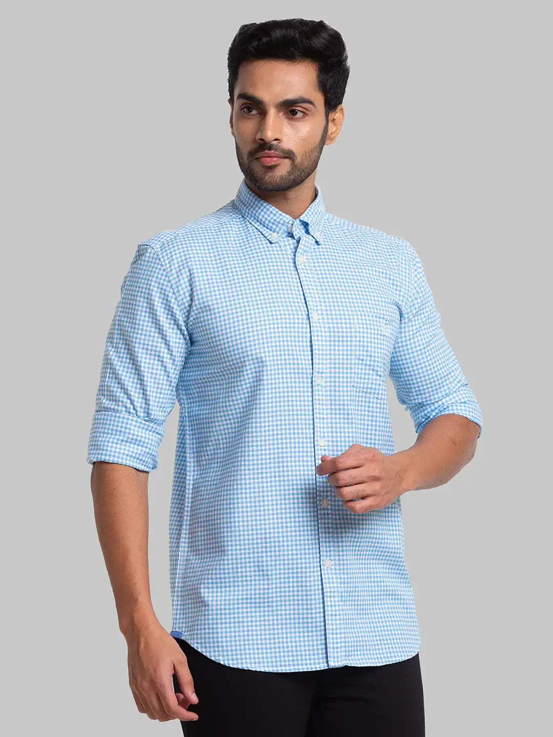 Men Blue Slim Fit Checks Cotton Full Sleeve Shirts
