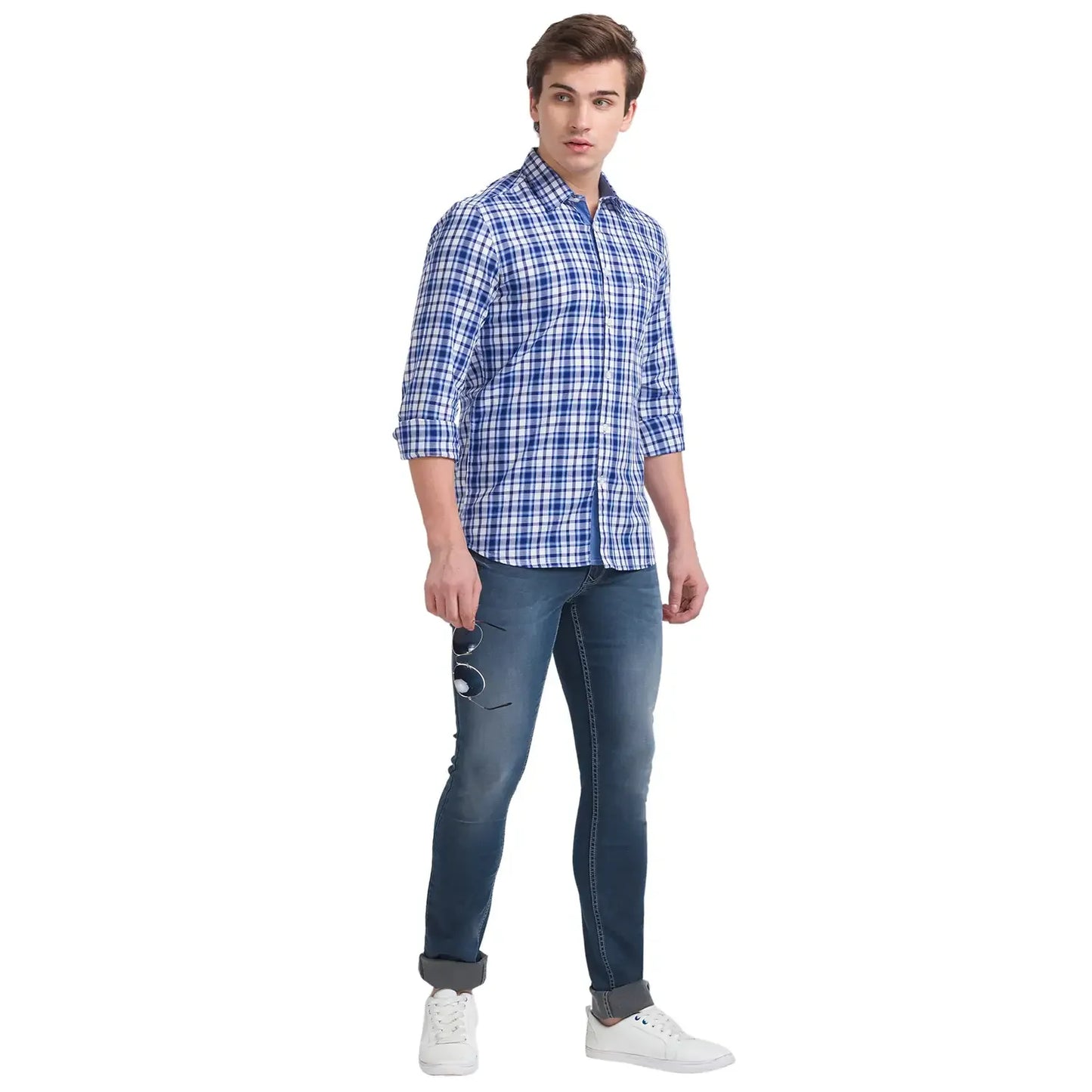 Men Blue Slim Fit Checks Cotton Full Sleeve Shirts