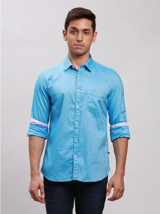 Parx Men Blue Solid Slim Fit Cotton Full Sleeve Cut Away Collar Shirt