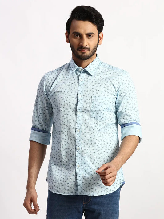 Men Blue Slim Fit Print Cotton Full Sleeve Cut Away Collar Shirts