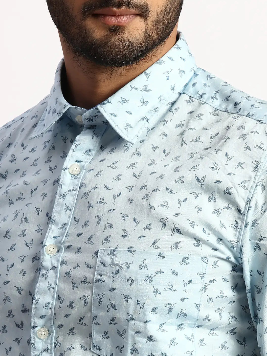 Men Blue Slim Fit Print Cotton Full Sleeve Cut Away Collar Shirts