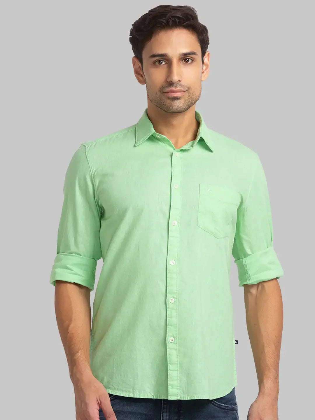 Men Green Slim Fit Solid Linen Blend Full Sleeve Shirts
