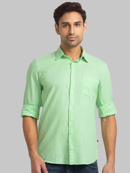 Men Green Slim Fit Solid Linen Blend Full Sleeve Shirts