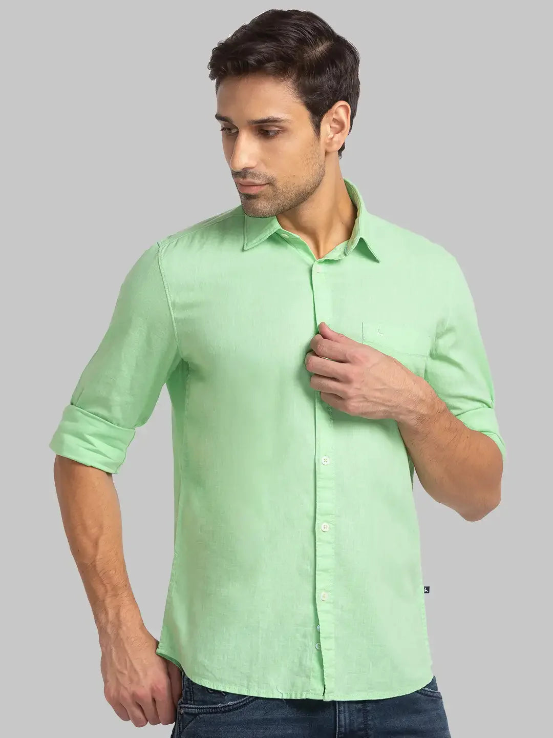 Men Green Slim Fit Solid Linen Blend Full Sleeve Shirts