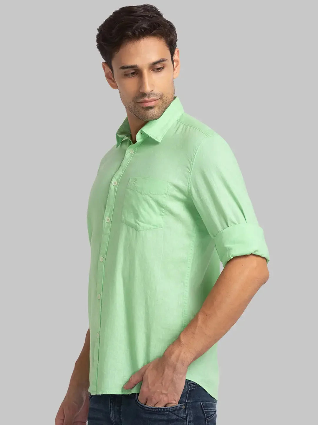 Men Green Slim Fit Solid Linen Blend Full Sleeve Shirts