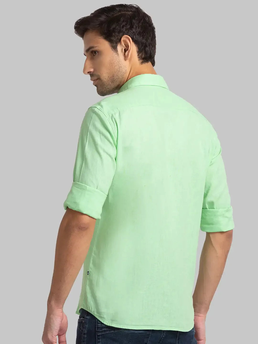 Men Green Slim Fit Solid Linen Blend Full Sleeve Shirts