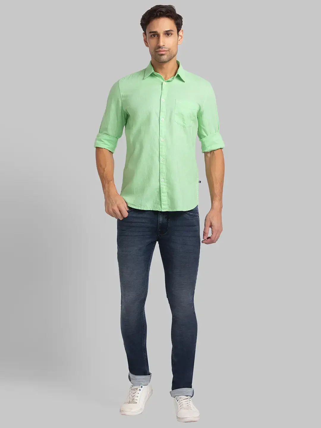 Men Green Slim Fit Solid Linen Blend Full Sleeve Shirts