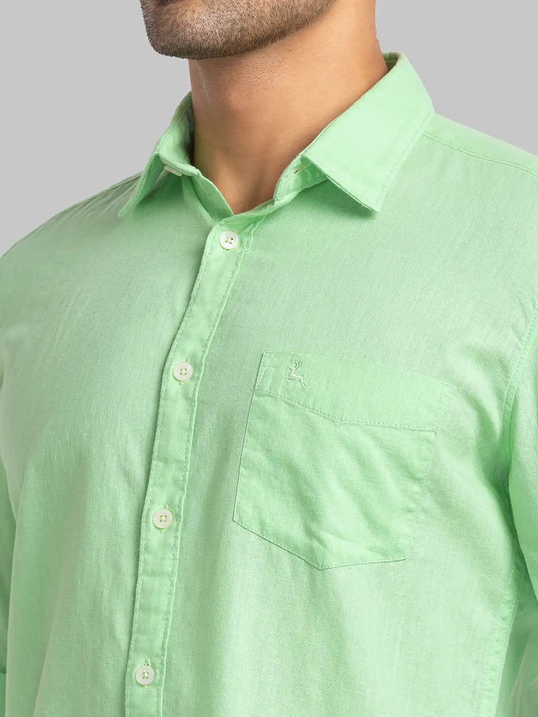Men Green Slim Fit Solid Linen Blend Full Sleeve Shirts