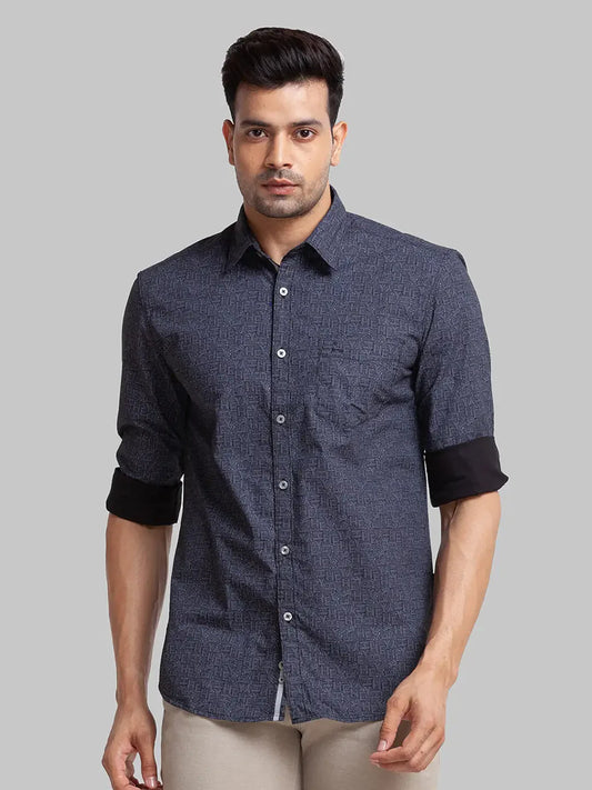 Parx Men Blue Printed Slim Fit Cotton Casual Shirt