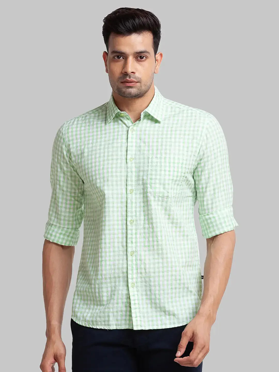 Parx Men Green Checks Slim Fit Cotton Blend Full Sleeve Shirt