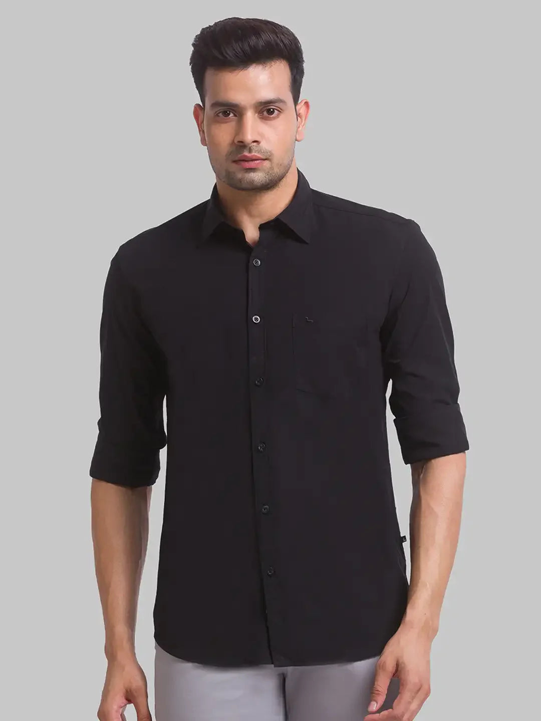 Men Black Slim Fit Solid Polyester Blend Full Sleeve Shirts
