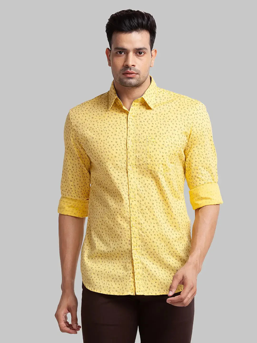 Men Yellow Slim Fit Print Cotton Full Sleeve Shirts