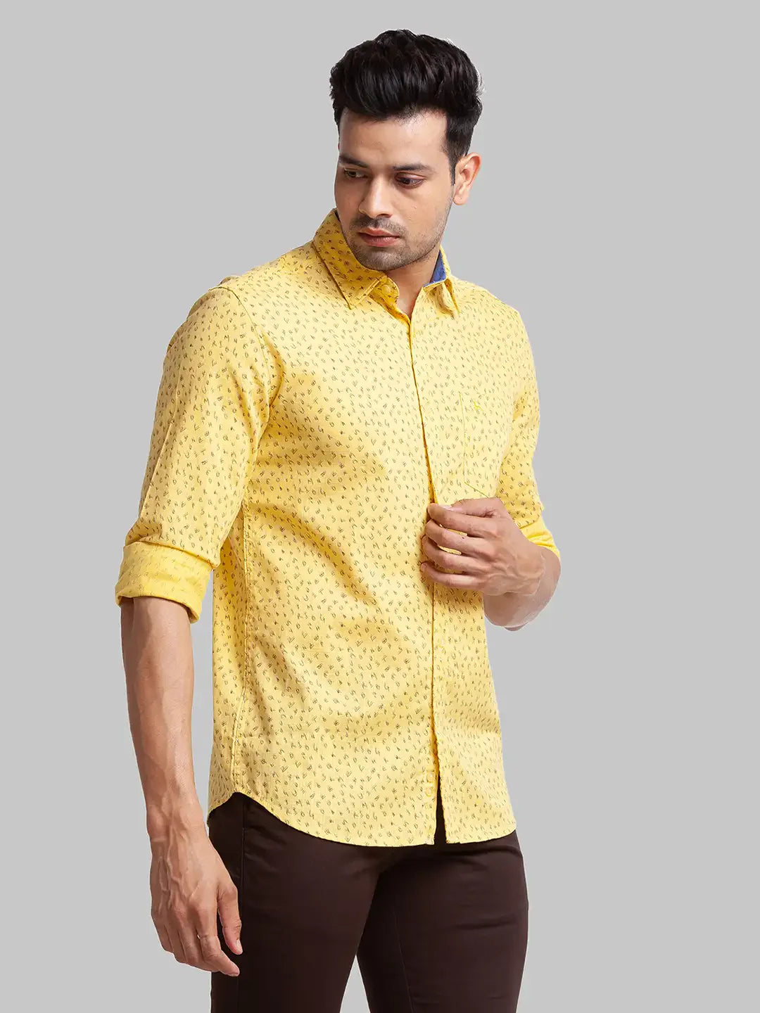 Men Yellow Slim Fit Print Cotton Full Sleeve Shirts