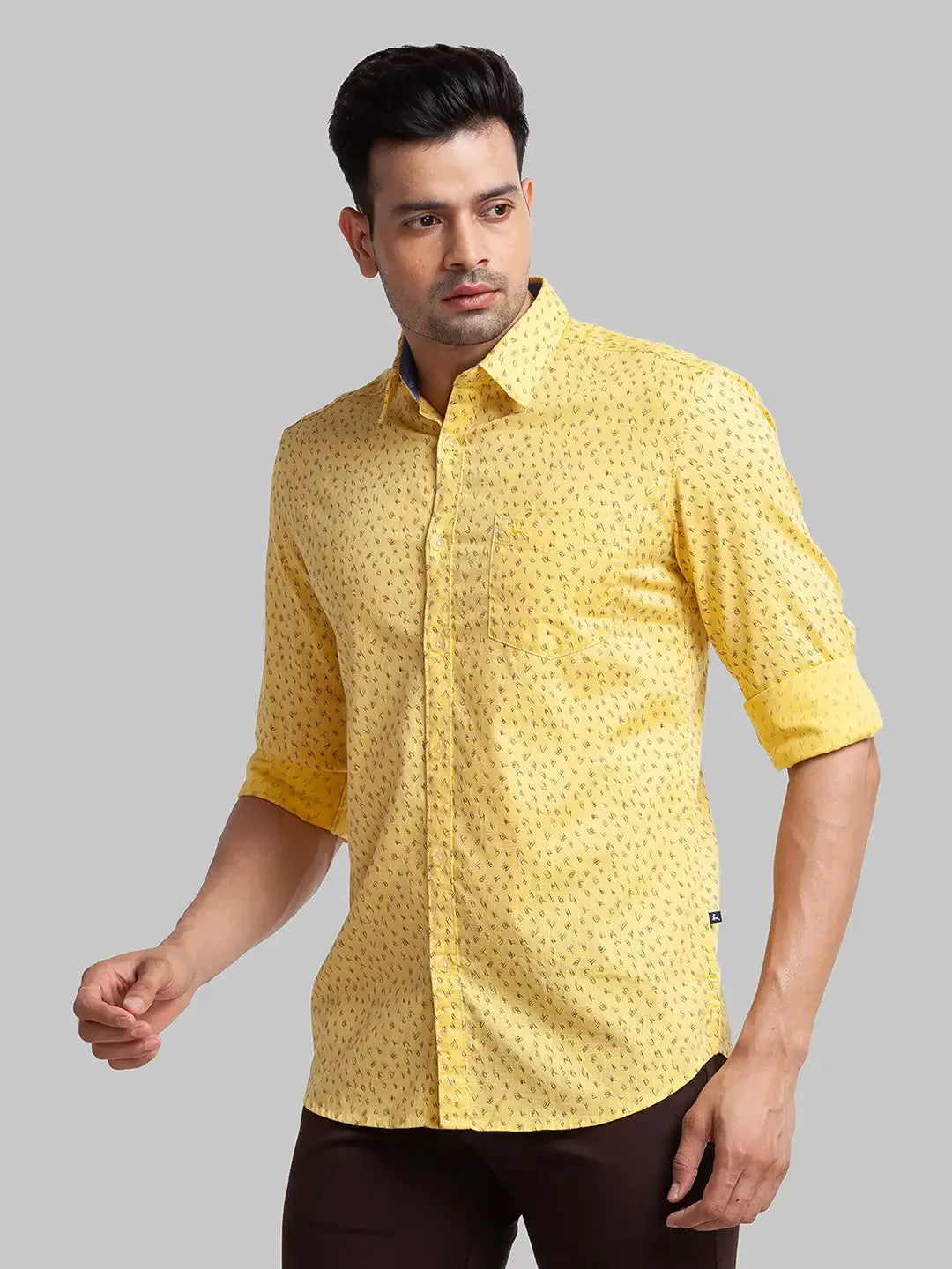 Men Yellow Slim Fit Print Cotton Full Sleeve Shirts