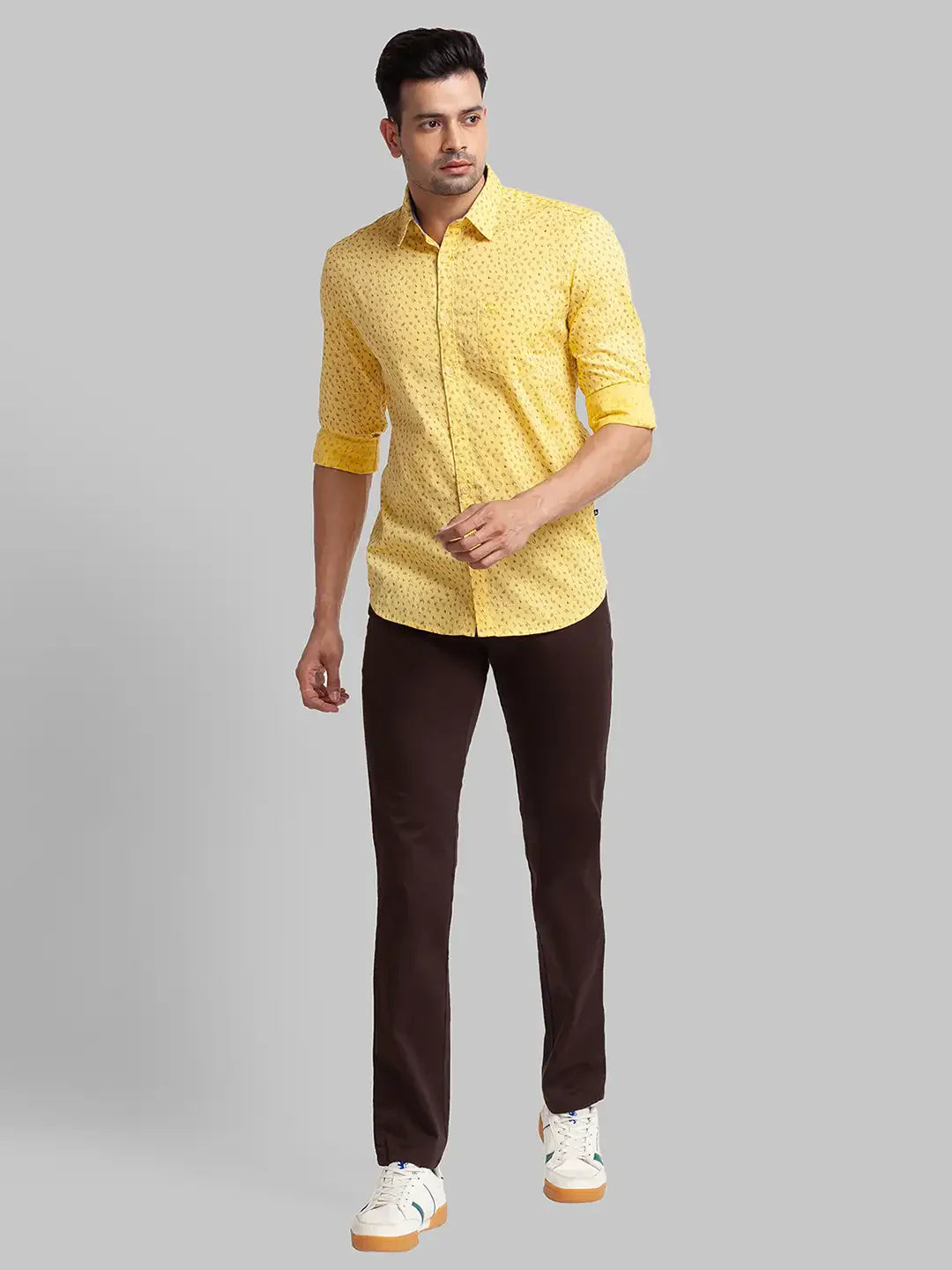 Men Yellow Slim Fit Print Cotton Full Sleeve Shirts