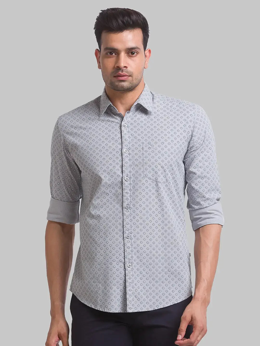 Men Grey Slim Fit Print Cotton Full Sleeve Shirts